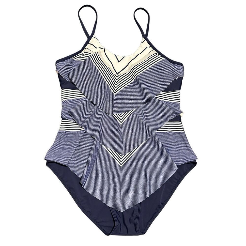 Women’s Size 2XL Tiered Ruffle One Piece Swimsuit Navy Blue White Striped Slimmi